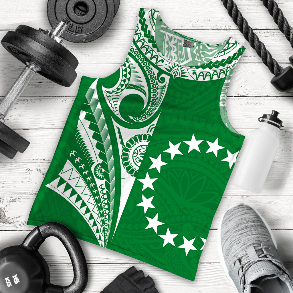 Green men’s tank top with Cook Islands tattoo patterns and white stars, front graphic