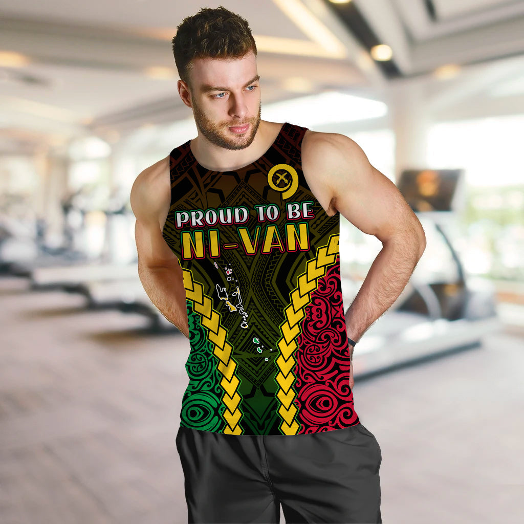Black men’s tank top with “Proud to be NI-VAN” front graphic and multicolor tribal design