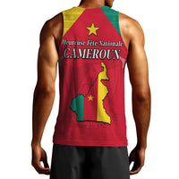 Red men’s tank top back with Cameroon map and national holiday wording