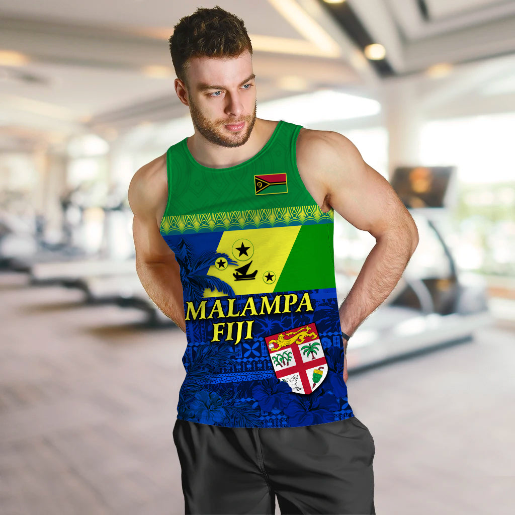 Men's custom printed tank top, green with blue-yellow tropical graphic and crest patch