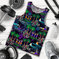 Purple sleeveless tank top with skeleton dancers, palms, and floral surf design
