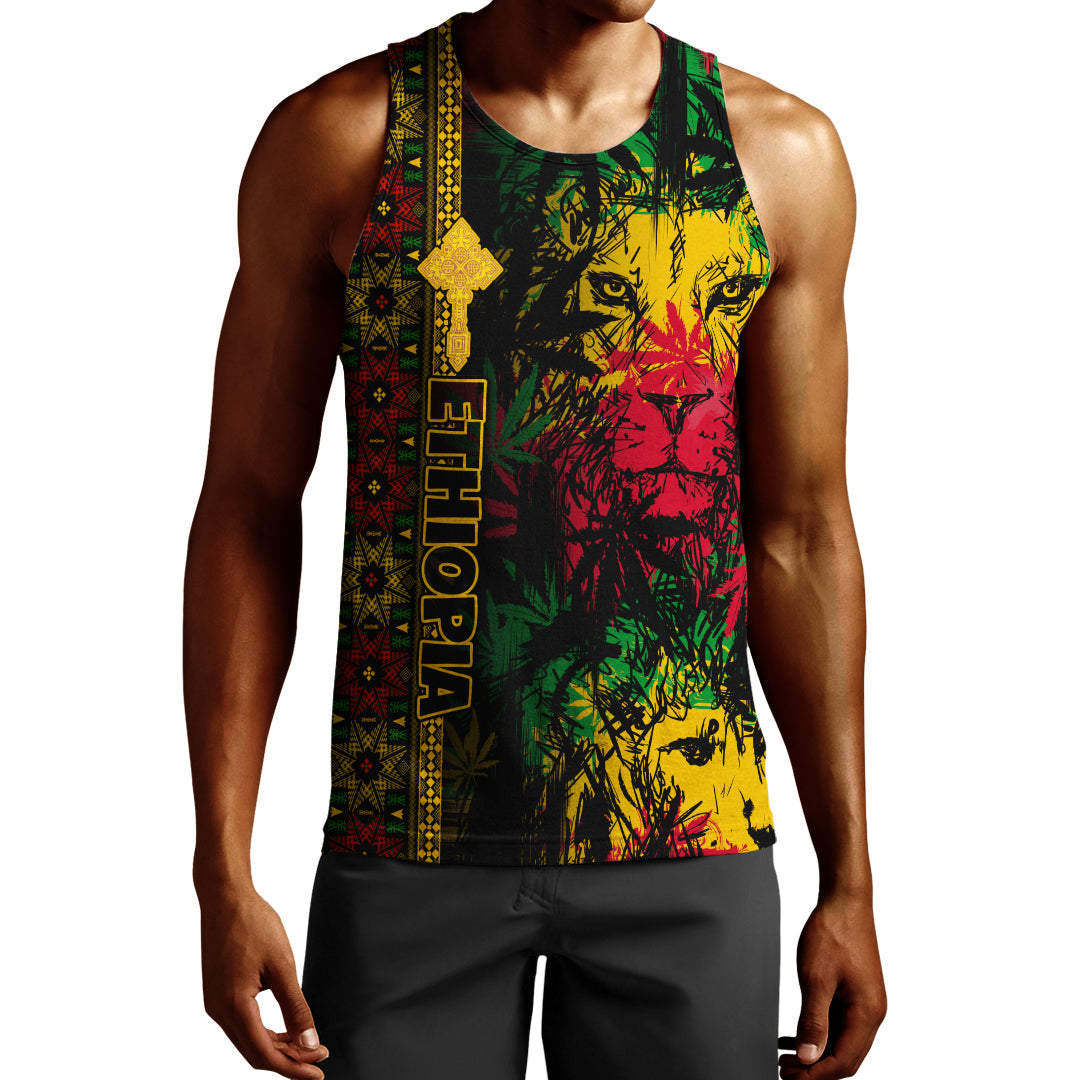 Mens reggae tank top with lion face graphic, Ethiopia cross stripe print