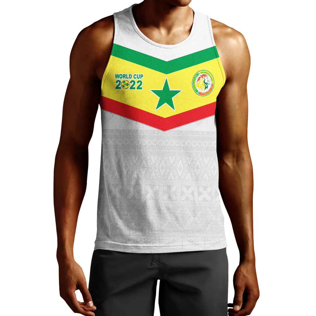 Men's white tank top, front World Cup 2022 Senegal flag chevron & star print