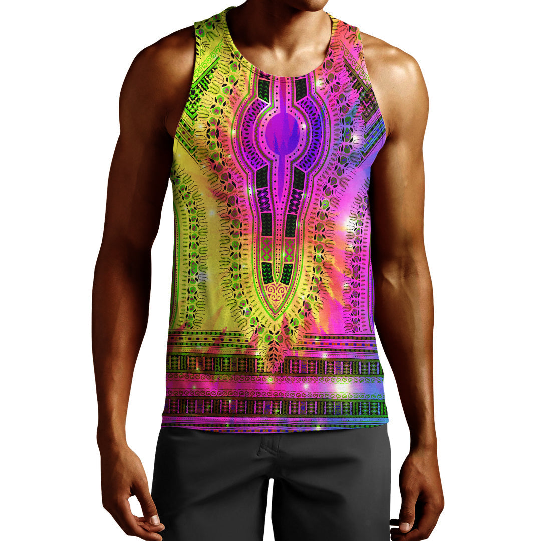 Men's dashiki tie-dye tank top, multicolor tribal pattern, sleeveless crew neck