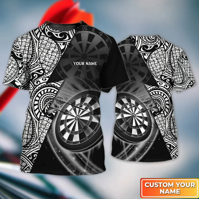 Black crewneck T-shirt with white Polynesian patterns, dartboard graphic, 'YOUR NAME' print