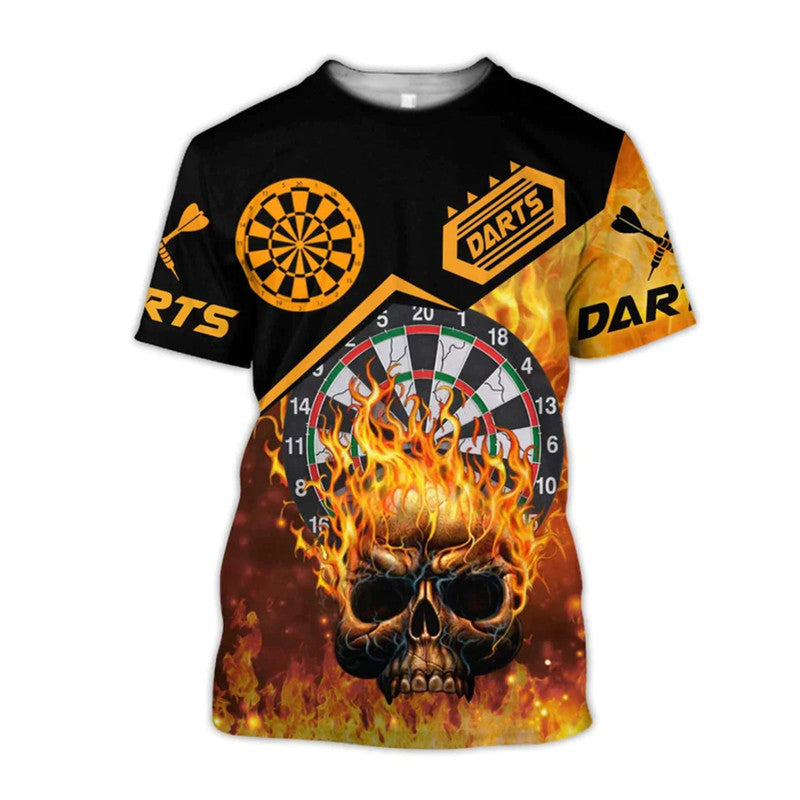 Black graphic darts T-shirt with flame skull and dartboard front print