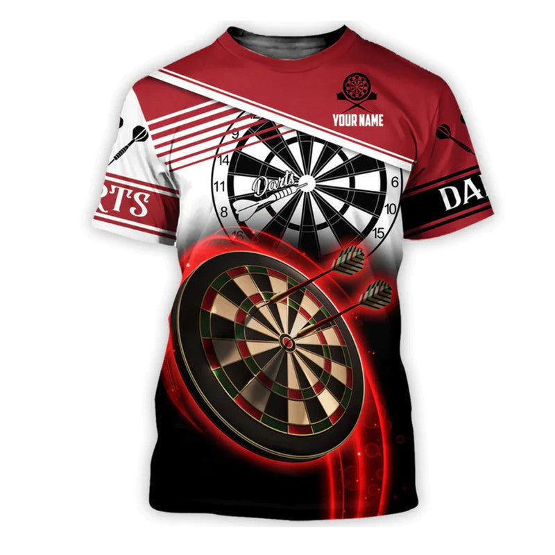 Darts graphic T-shirt in red, black and white, with dartboard and striped band