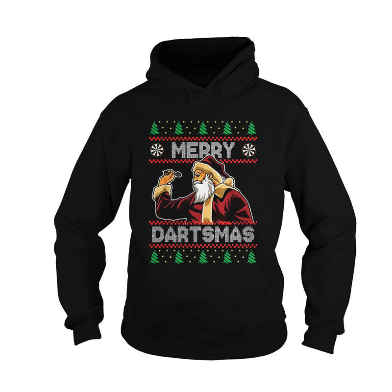Black pullover hoodie with Santa playing darts front graphic and hood