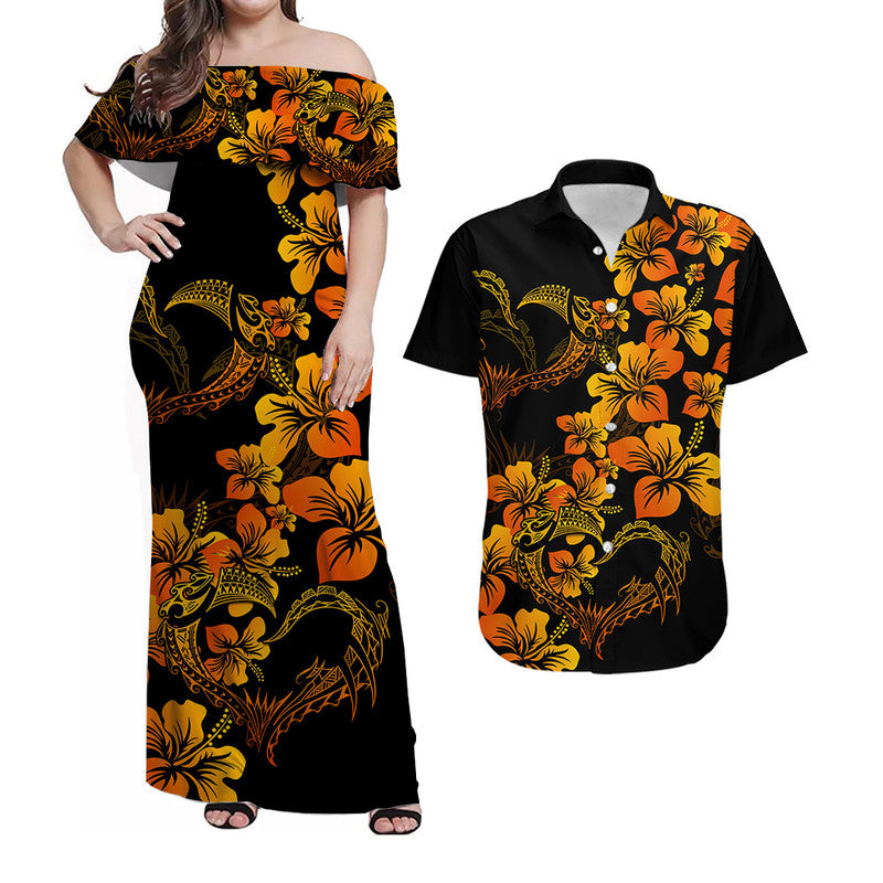 Matching Hawaiian dress and shirt, black base with orange/yellow floral print