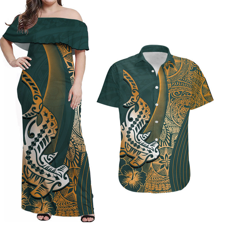 Off-shoulder green maxi dress with Polynesian shark print and yellow accents