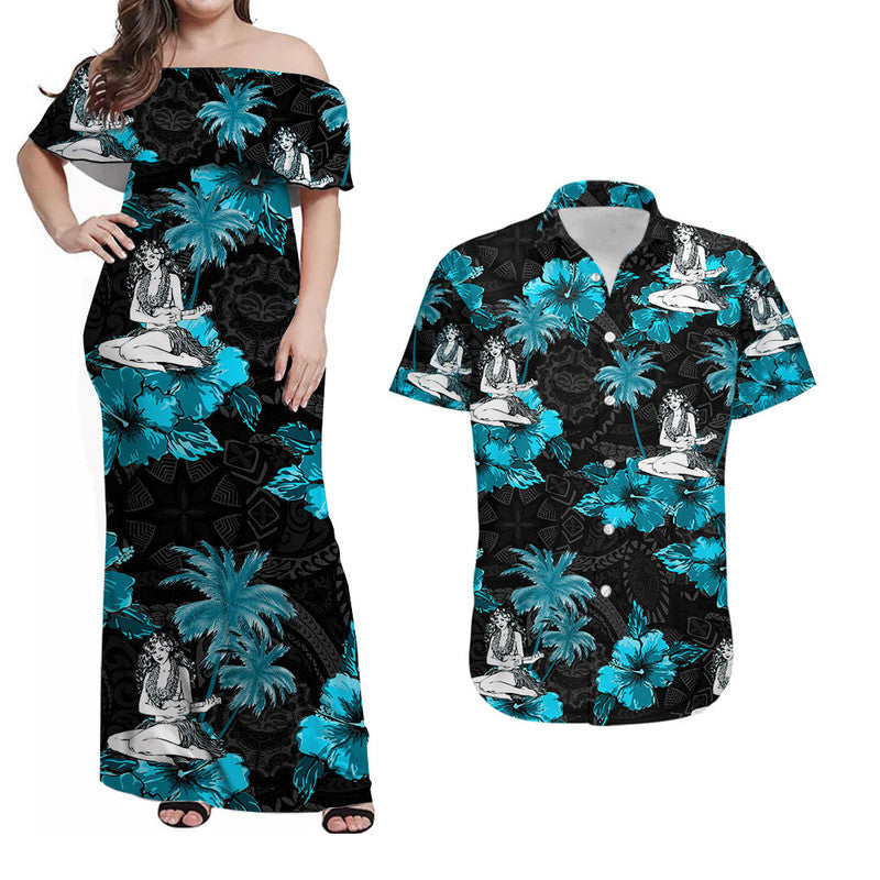 Off-shoulder maxi dress in black with turquoise palm and hula girl print