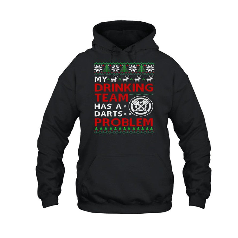 Black pullover hoodie with front graphic text and holiday pattern