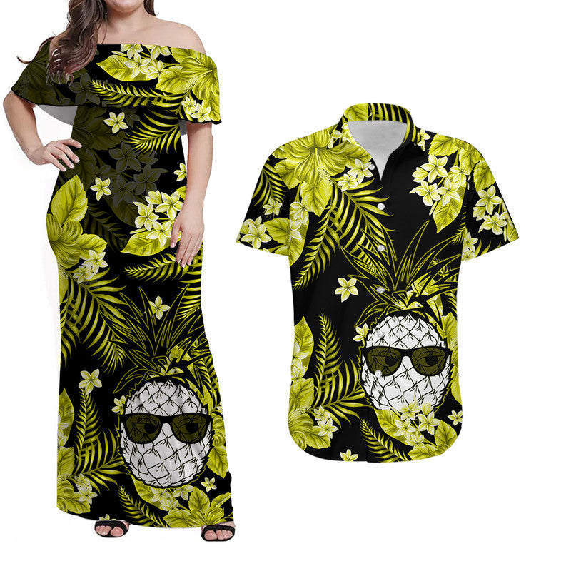 Off-shoulder maxi dress, black with green/yellow tropical leaves and skull sunglasses print