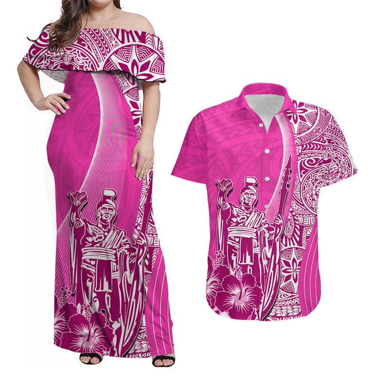 Pink off-shoulder maxi dress and pink button-up shirt, white Hawaiian king print