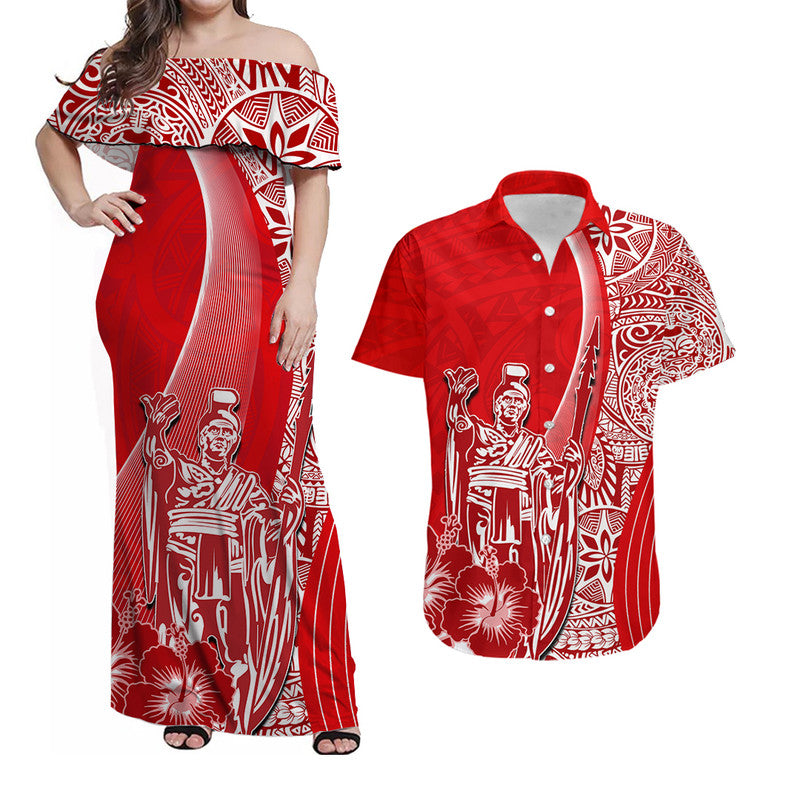 Red off-shoulder Hawaiian dress with white ornate King Kamehameha graphic