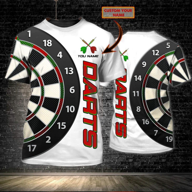 White darts-themed T-shirt with colorful vertical graphic and butterfly emblem, crew neck