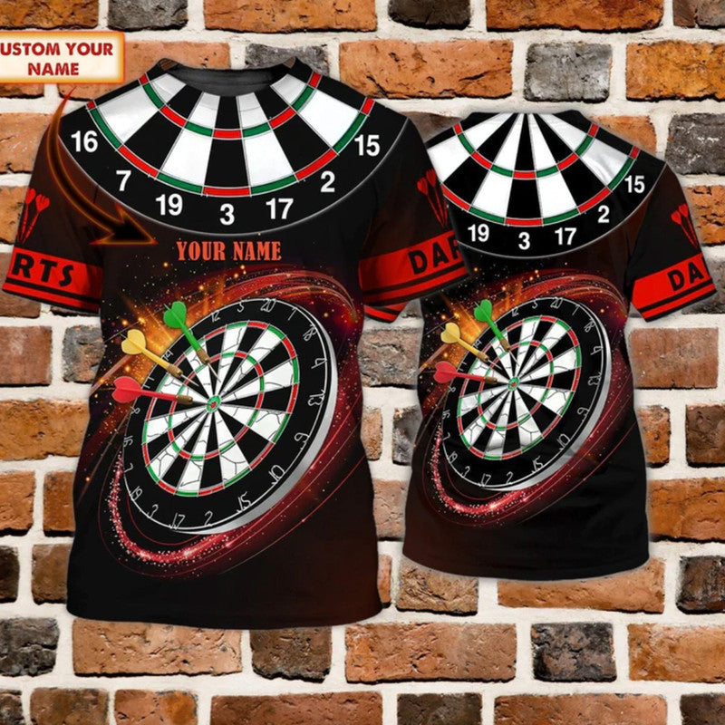 Black darts T-shirt set with front dartboard and neon wheel graphic, short sleeves.