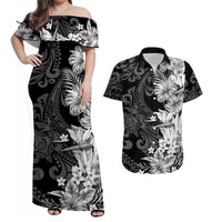 Matching off-shoulder floral maxi dress and short-sleeve button shirt, black with white