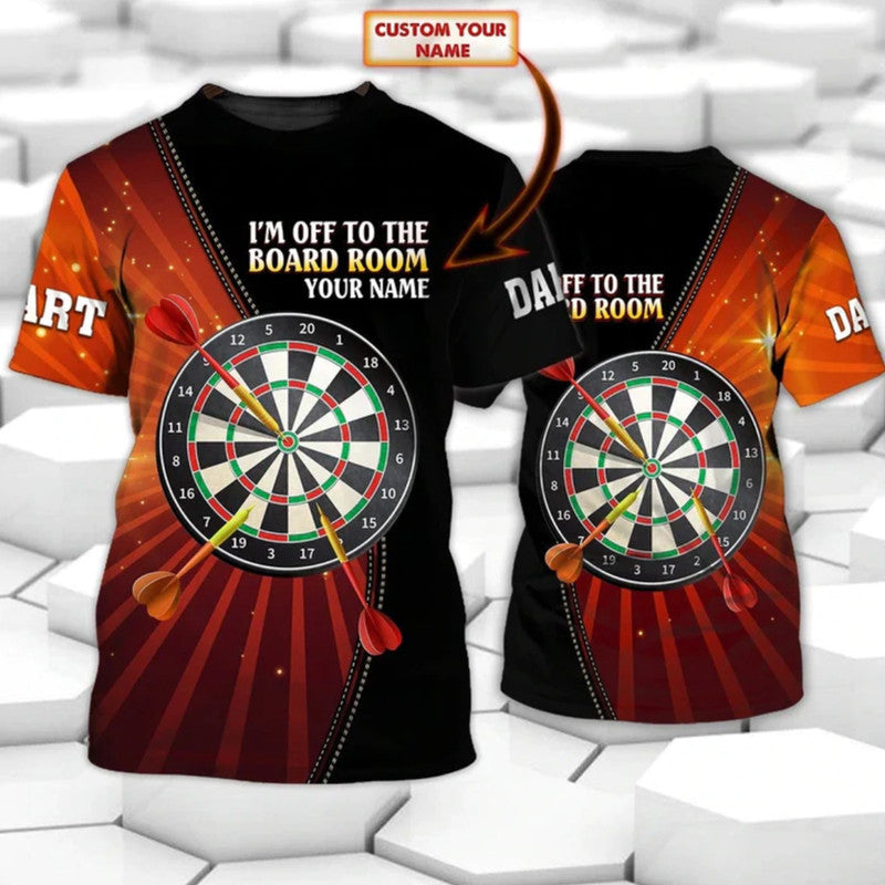 Black T-shirt with dartboard graphic and red-orange sleeve panels, crew neck