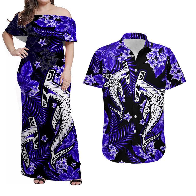 Off-shoulder maxi dress in dark blue with purple floral and tribal shark print