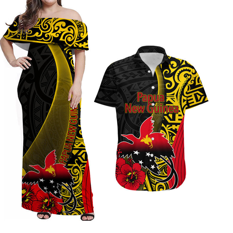 Black maxi off-shoulder dress with Papua New Guinea print, yellow swirls and red flowers