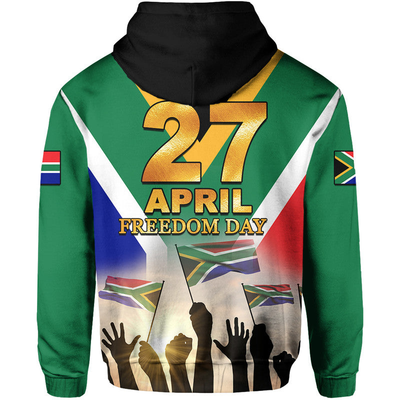 Green pullover hoodie with black hood and '27 April Freedom Day' front text graphic