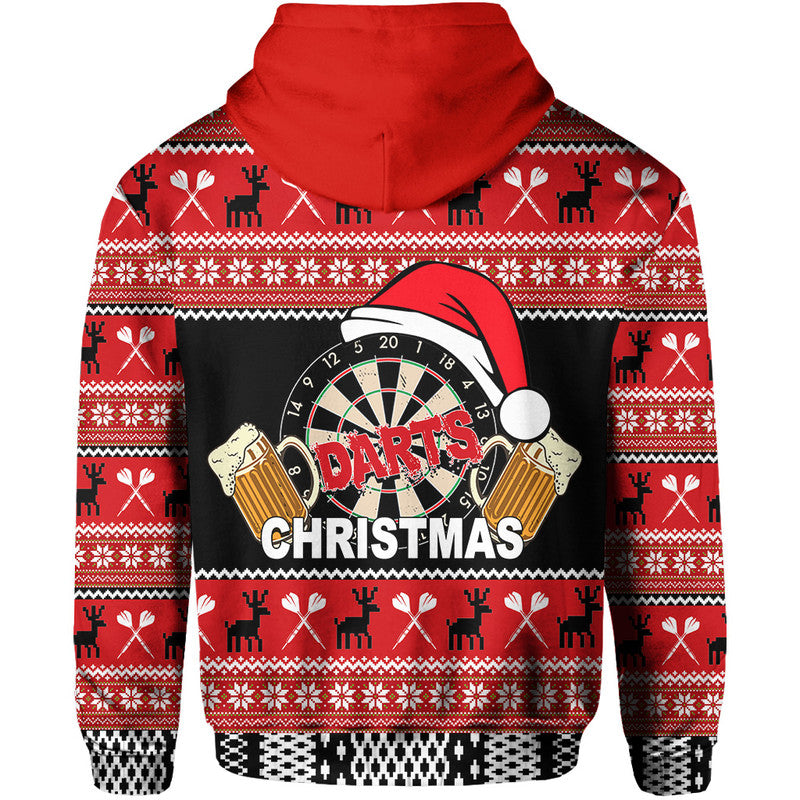 Red pullover hoodie, back view with darts Christmas graphic and festive pattern