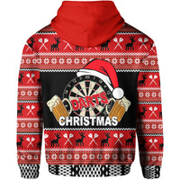 Red pullover hoodie, back view with darts Christmas graphic and festive pattern