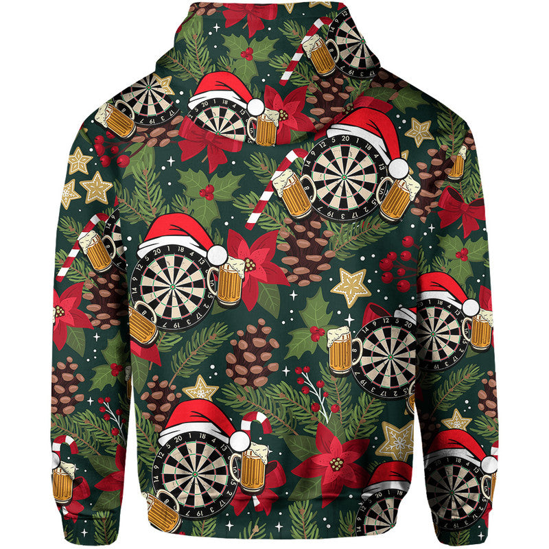 Dark green Christmas darts hoodie, back view, with hood and all-over darts pattern