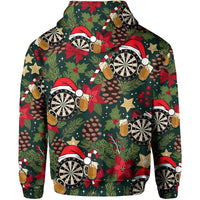 Dark green Christmas darts hoodie, back view, with hood and all-over darts pattern