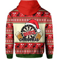 Red back view pullover Christmas hoodie with dartboard graphic and holiday sweater pattern.