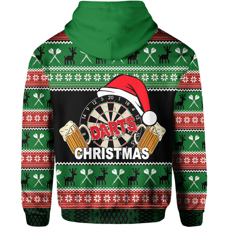 Green pullover hoodie back view with large dartboard DARTS CHRISTMAS print.
