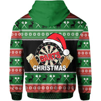 Green pullover hoodie back view with large dartboard DARTS CHRISTMAS print.