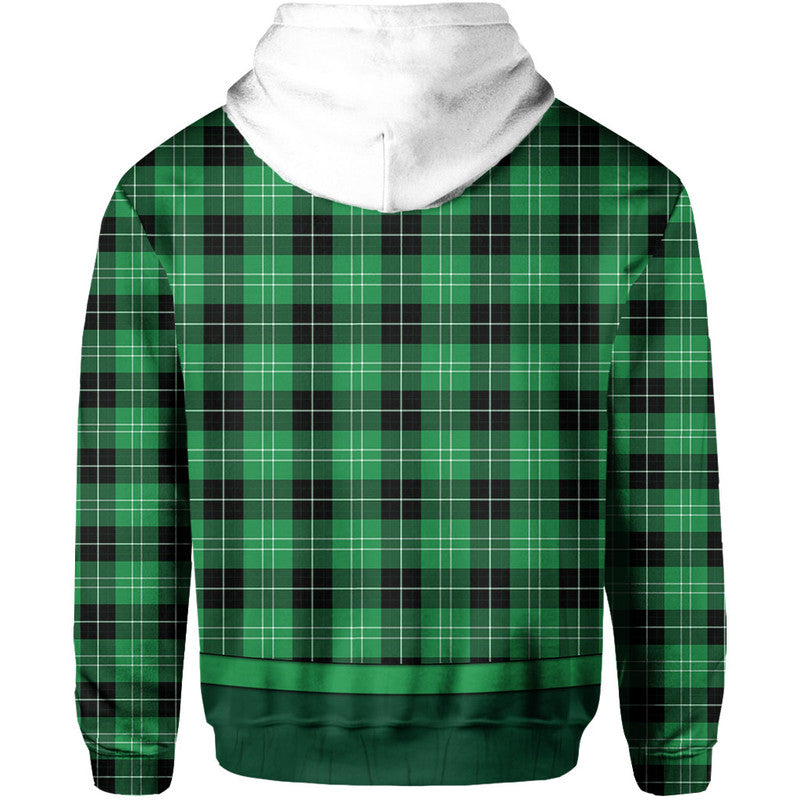 Green plaid pullover hoodie back with white hood and kangaroo pocket area