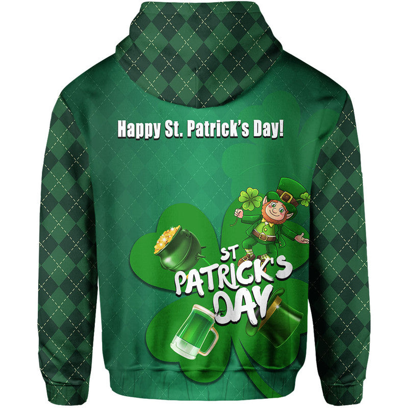 Green hoodie back with 'Happy St. Patrick's Day!' text and shamrock graphic
