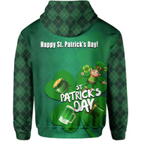 Green hoodie back with 'Happy St. Patrick's Day!' text and shamrock graphic