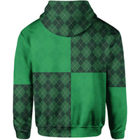 Green plaid patchwork pullover hoodie back with dark and light square panels