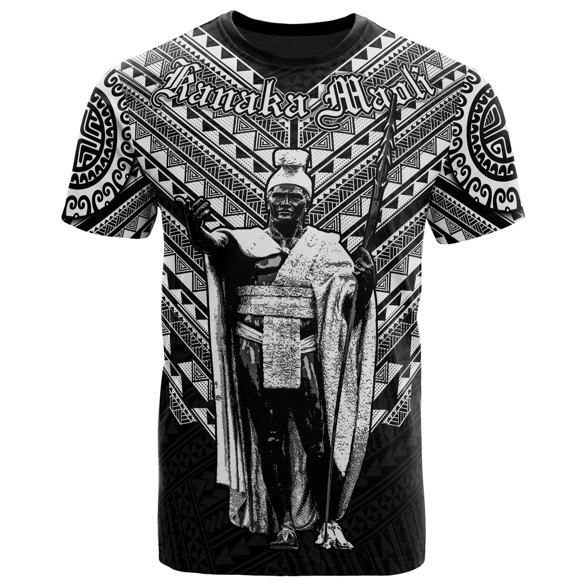 Black Hawaii T-shirt with king Kamehameha graphic and tribal patterns on front