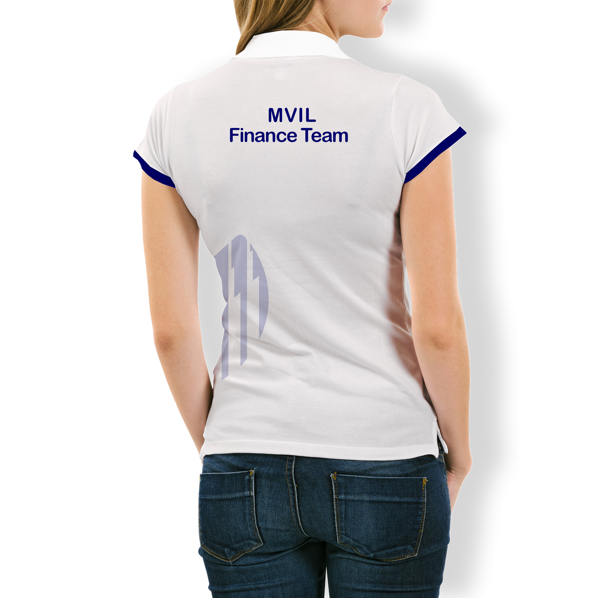 White women's polo back with MVIL Finance Team text and blue trim