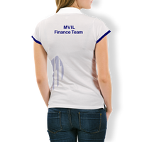 White women's polo back with MVIL Finance Team text and blue trim