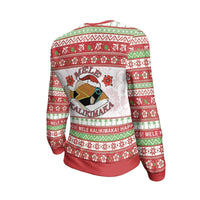 Red unisex Christmas sweatshirt back view with fish graphic and holiday text stripes