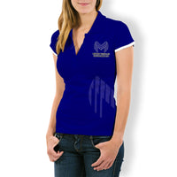 Women blue polo with chest logo and white collar and sleeve trim