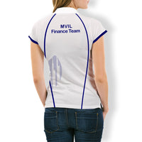 White women’s polo shirt with blue-trim back panel and “MVIL Finance Team” text