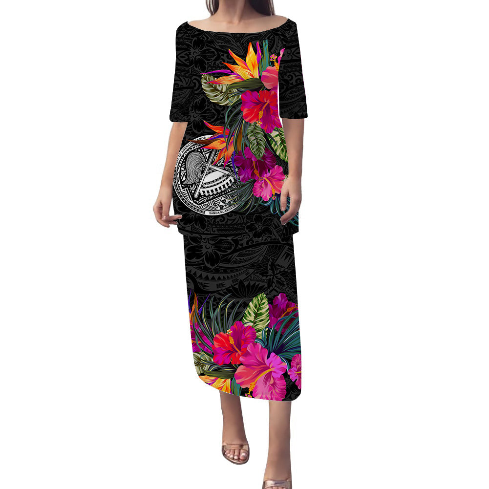 Black long dress with wide neckline, 3/4 sleeves, hibiscus and tribal print