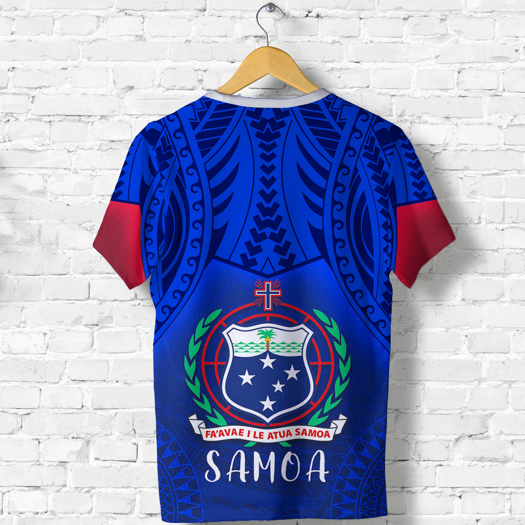 Samoa rugby T-shirt with V-neck, blue body, red sleeve panels and chest emblem