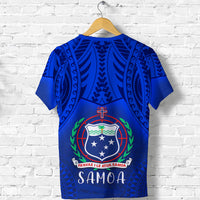 Blue rugby T-shirt back with crew neck, short sleeves, tribal pattern, Samoa crest and text