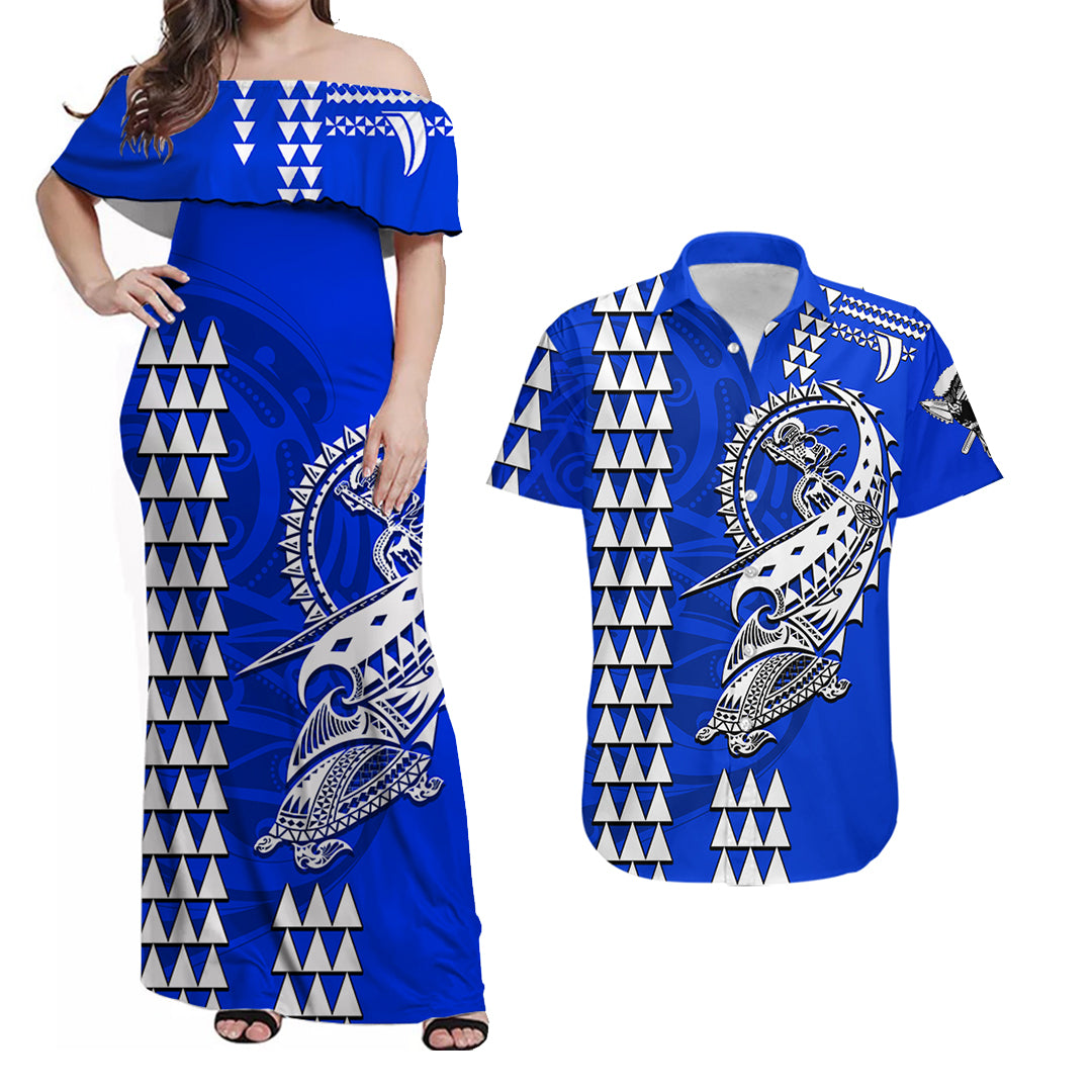 Blue off-shoulder maxi dress with tribal geometric print and warrior graphic