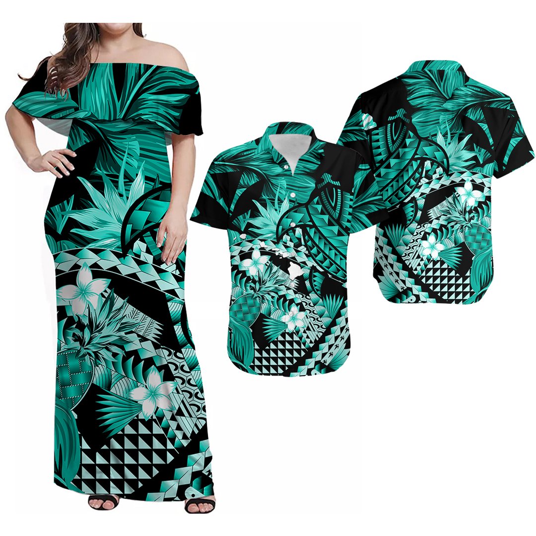 Tropical turtle Hawaiian dress and short-sleeve shirt set, teal/green on black