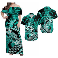 Tropical turtle Hawaiian dress and short-sleeve shirt set, teal/green on black