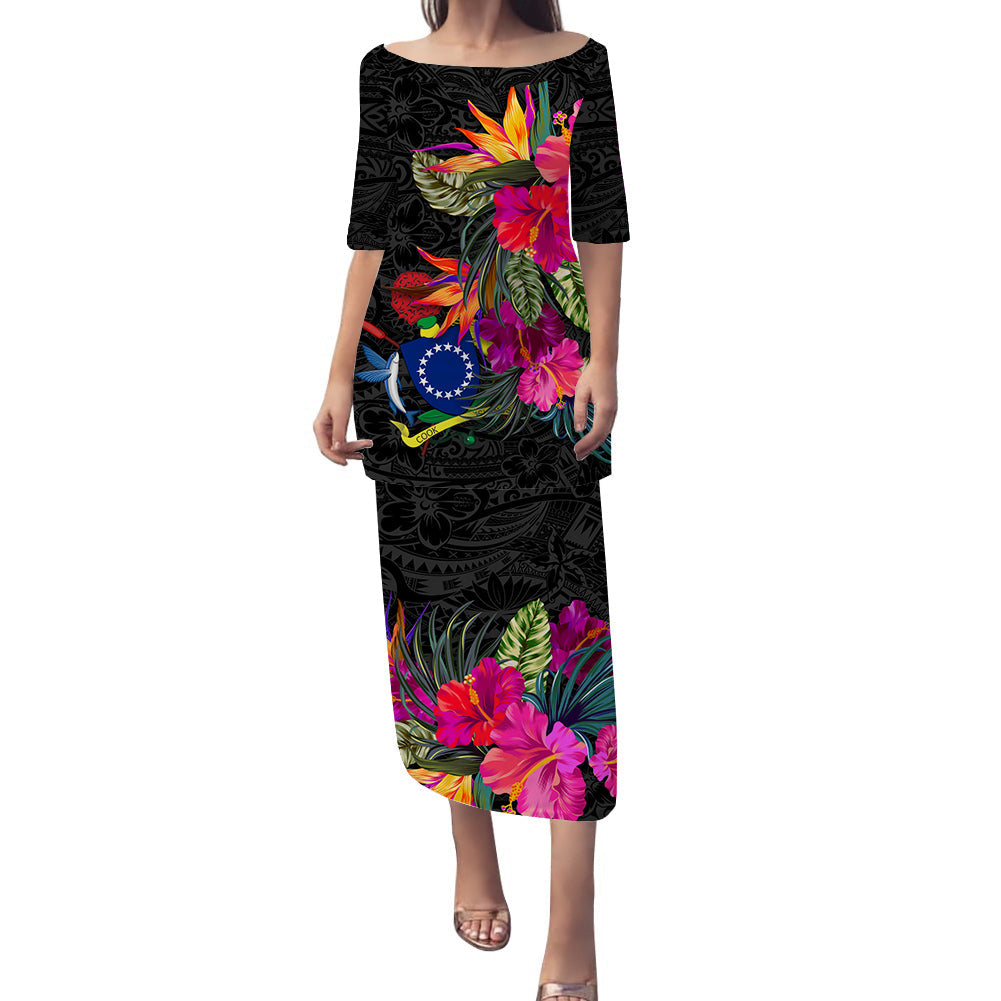 Black long dress with tropical hibiscus floral print, 3/4 sleeves, relaxed fit